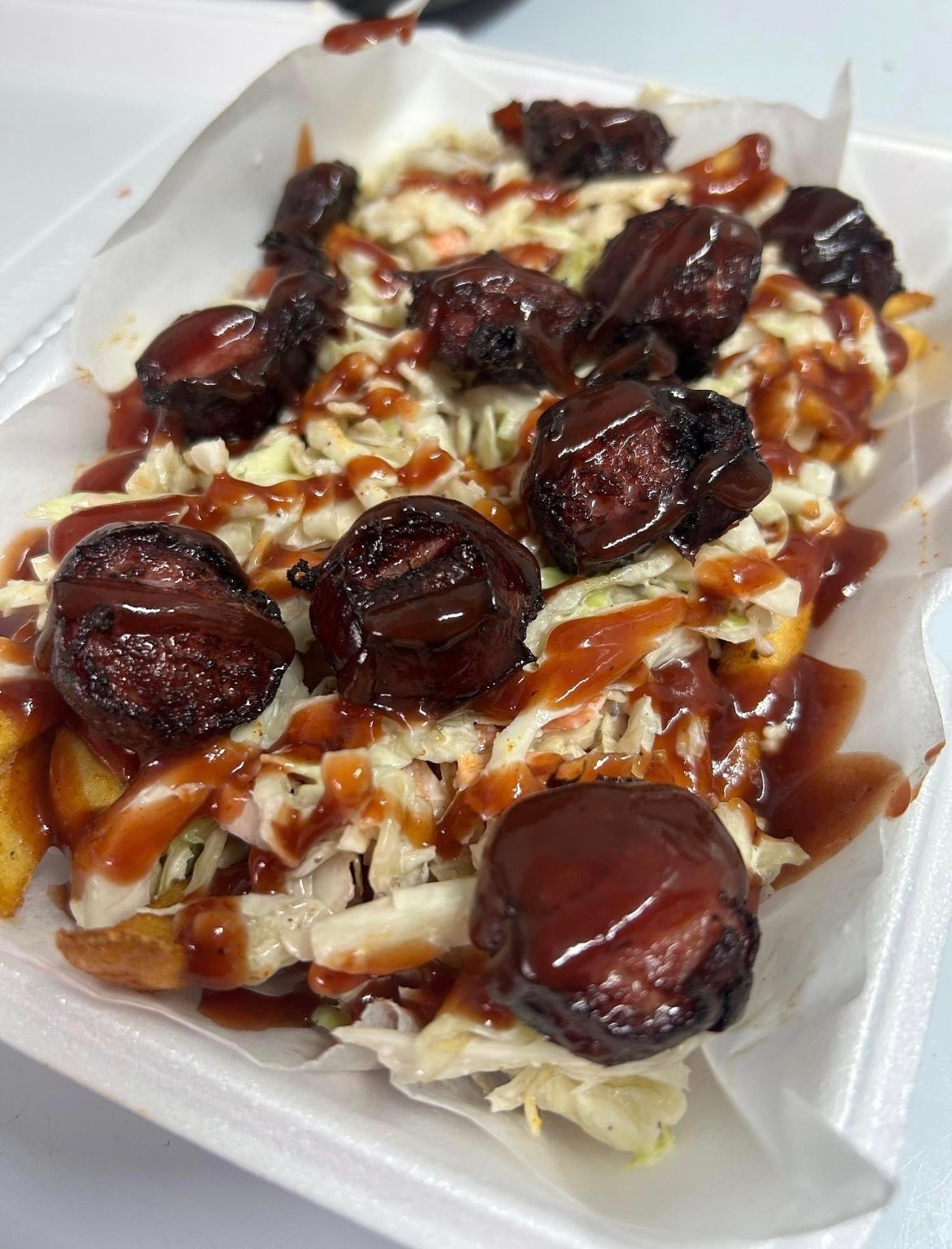 Loaded fries with burnt ends and BBQ